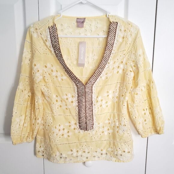 Chico's Tops - CHICOS Embroidered Light Yellow Blouse New with Tags
